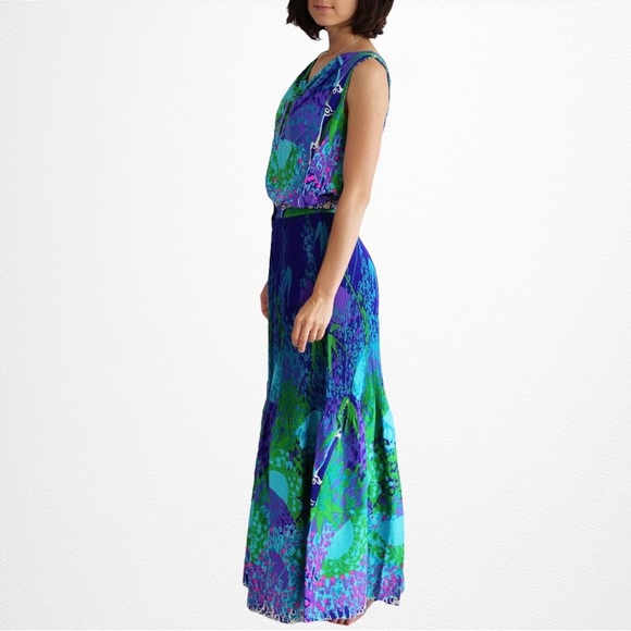 Spectacular Vintage 60s 70s Blue Psychedelic Blouse & Bell Bottom Pants Set 2pc - Picture 3 of 5